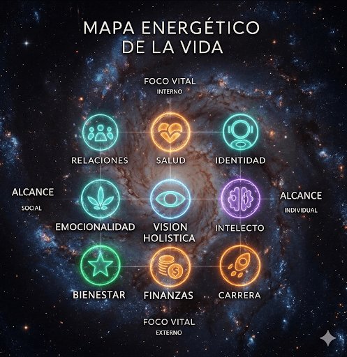 Mapa energético de la vida con las 8 constelaciones organizadas en coordenadas